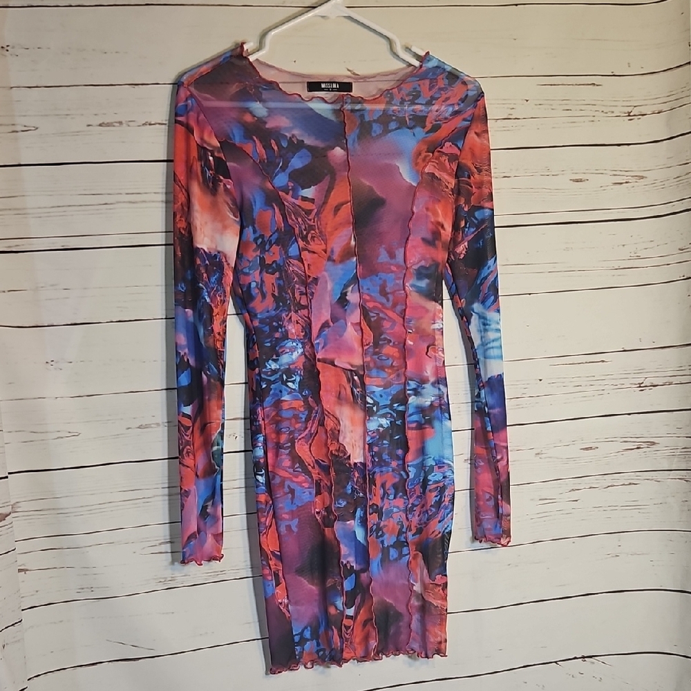 Miss Lola Pink Blue Purple Abstract Mesh Long Sleeve Mini Dress